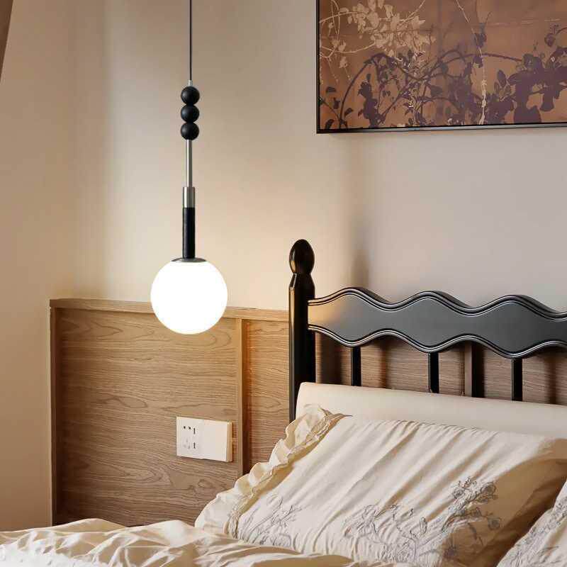 床头吊灯创意个性艺术法式中古风玻璃胡桃木色复古餐厅卧室吊线灯