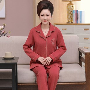 纯棉加厚妈E妈家居服空气棉休闲套装 中年女士夹层睡衣秋冬季 秋冬