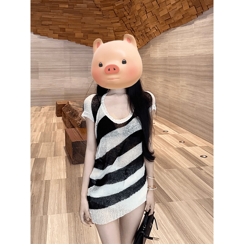撞色条纹镂空不规则V领s冰丝短袖针织衫女夏季辣妹露肩中长款上衣