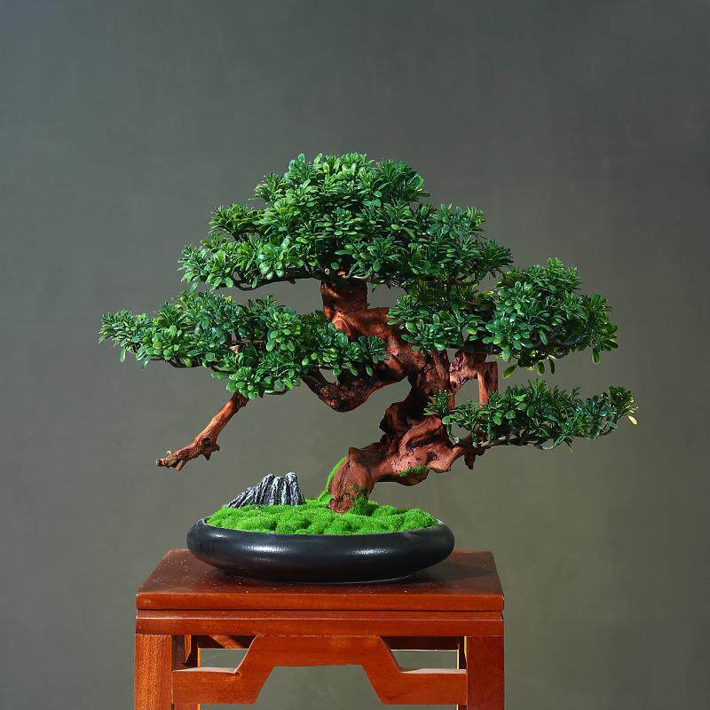 客厅实木仿真迎客松酒店桌面玄关植物松树罗汉松盆景中式装饰摆件