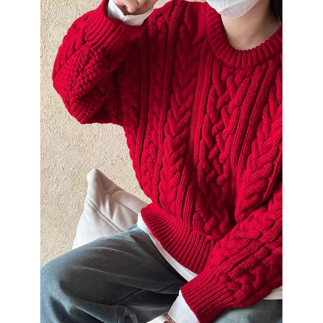 韩国秋冬ins同款八奶家麻花长袖针织衫高品质粗针宽松套头毛衣女