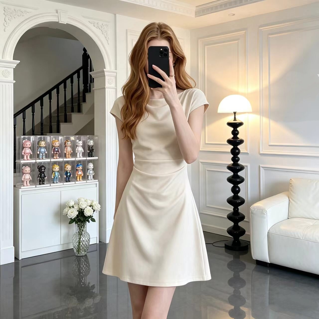 清雅艺术生~气质知性简约短袖连衣裙女夏季抽褶收腰显瘦纯色短裙