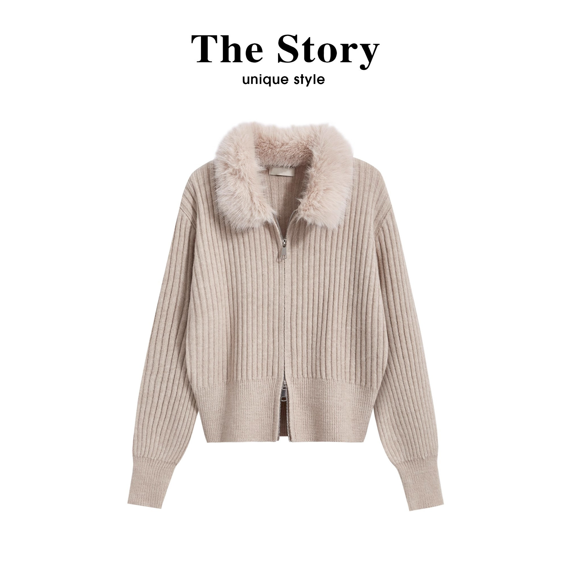 那些事衣橱韩系毛领双拉链毛衣外套女秋冬高级感气质百搭针织开衫