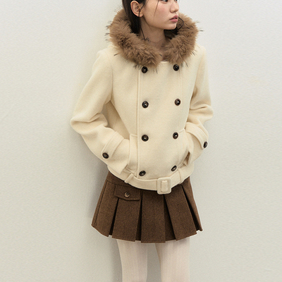 仿羊毛大衣连帽外套女收腰秋冬