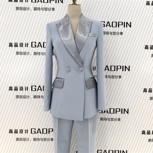 修身 浅蓝色女性西服套装 时髦显瘦高主播职业团队工作服 新款 春夏季