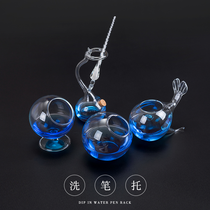 创意玻璃蘸水笔洗笔架彩色鲸鱼笔搁实用笔座洗笔樽墨水颜料清洗杯