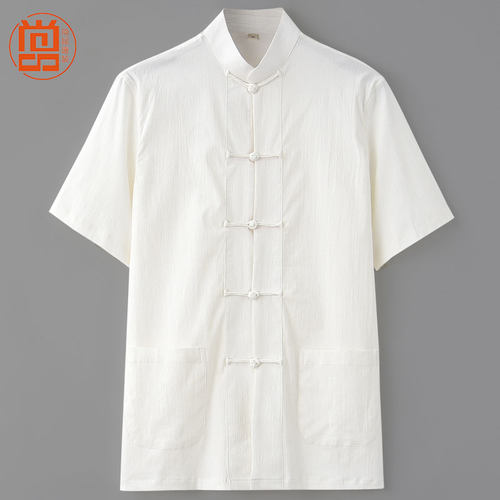 夏季薄款唐装男中老年中式服装中国风复古盘扣立领弹力短袖上衣
