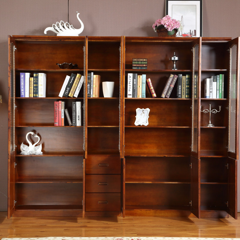 实木转角书柜书房家具办公两三门自由组合香樟木带玻璃门书橱书架