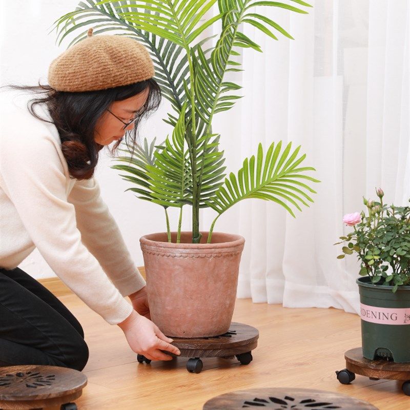 家用实木移动万向轮滚轮花盆盆景底座托盘带接水盘托台盆栽架花架