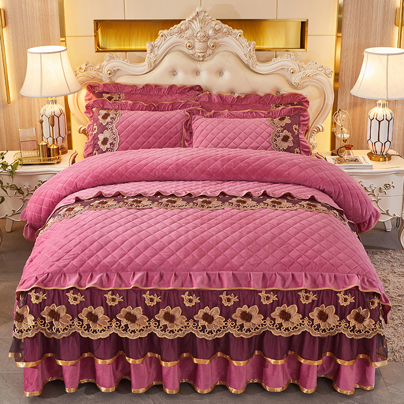 冬季大红色婚庆四件套床裙式加厚加棉水晶绒床罩保暖毛绒欧式床单