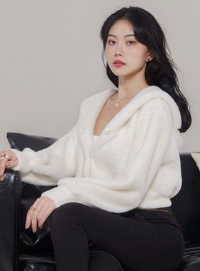 MOONA短款毛毛外套女仿貂毛2024秋冬季白色高腰毛绒加厚保暖上衣