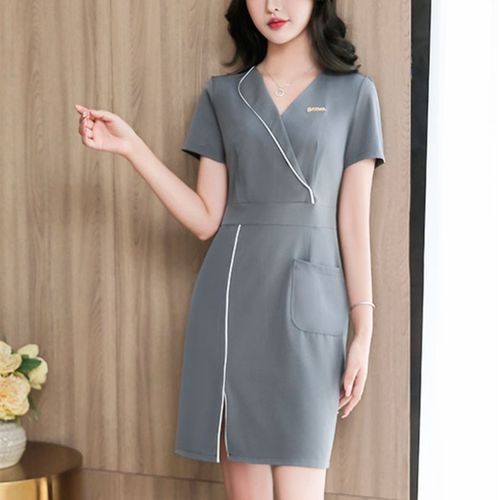 2024夏款美容院工作服女 足浴店足疗技师服spa养生馆工衣连衣裙