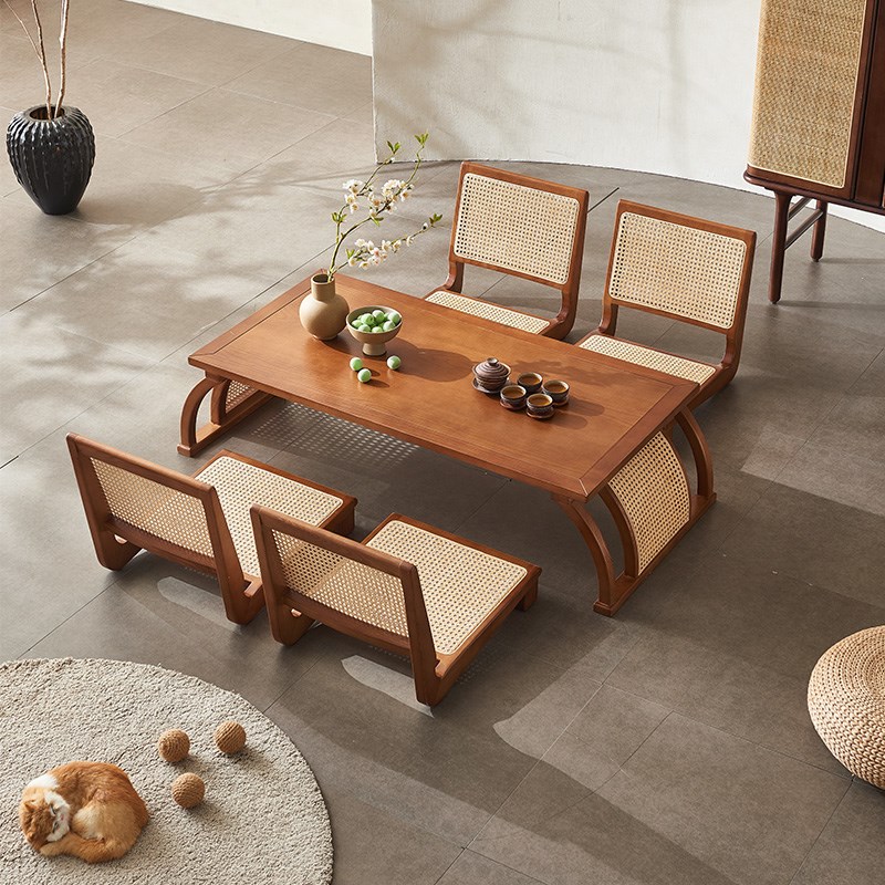 日式小桌子实木藤编茶室榻榻米桌椅组合中式禅意茶台阳台矮茶桌椅