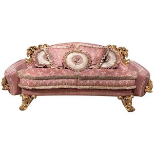信益轩欧式实木桦木手工雕刻别墅客厅粉色刺绣三人位布艺沙发组合