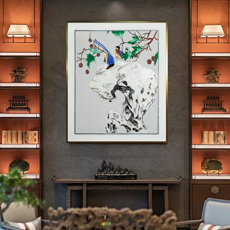 瑞杰 珐琅彩画《早春》新中式玄关装饰画 别墅高级感书房花鸟挂画