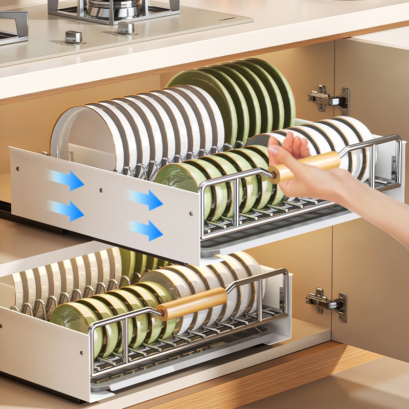 抽拉沥水碗碟架厨房橱柜收纳抽屉式柜内置物架不锈钢拉篮碗盘子架