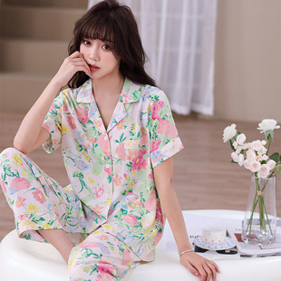 夏季 薄款 睡衣女短袖 涼爽甜美開(kāi)衫 休閑家居綿綢套 長(zhǎng)r褲 純棉綢新款