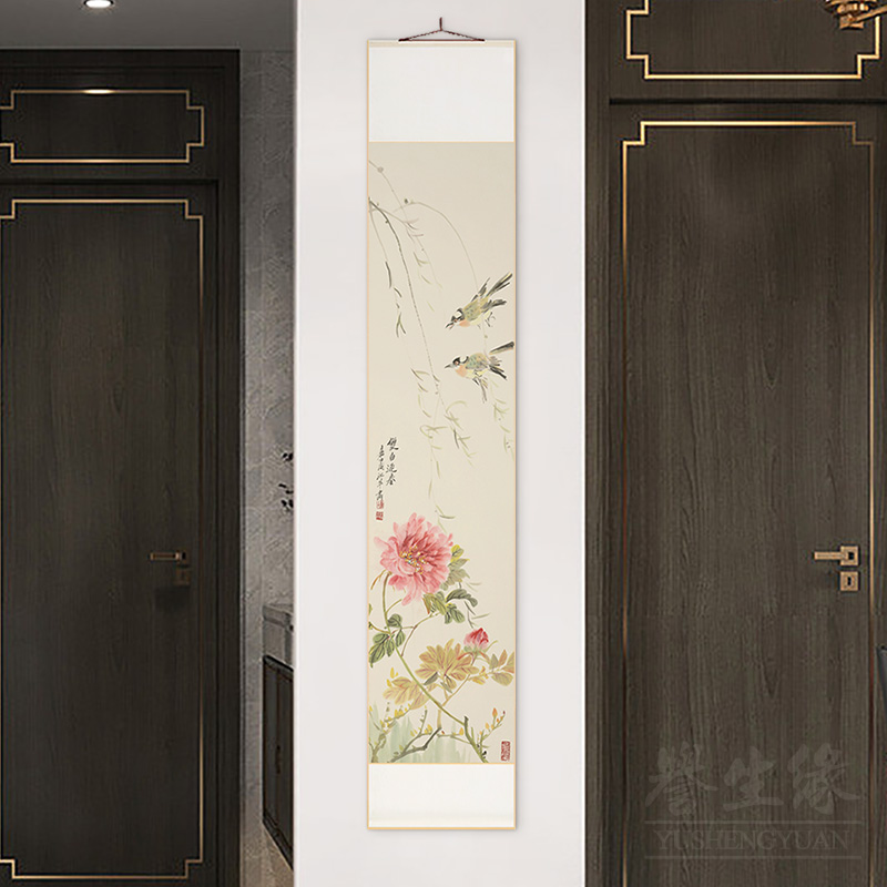 新中式花鸟卷轴挂画竖版玄关走廊过道装饰画客餐厅壁画书房长条画