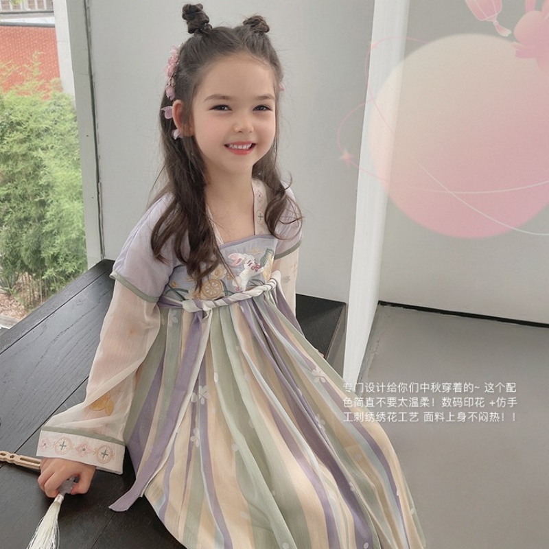 古风汉服女童g春秋款儿童古装改良版襦裙紫色超仙玉兔连衣裙子夏