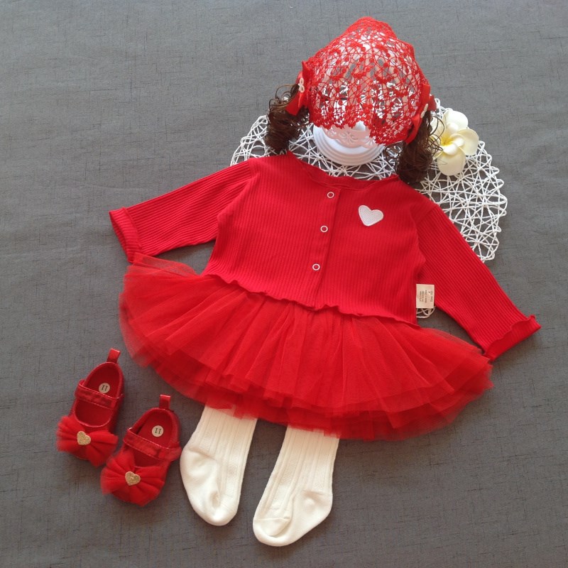 春秋新款女宝宝两件套婴儿开衫套装满月外出服百天周岁洋气公主裙