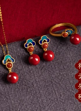 纯银朱砂吊坠轻奢小众戒指耳钉高级感项链首饰套装耳环礼物女款