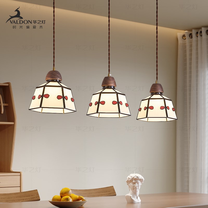 【红领结】餐厅吊灯 胡桃木法式中古风复古吧台餐桌木质吊线灯具