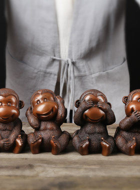 紫铜四不萌猴摆件四不猴铜工艺品家居饰品装饰品礼品生肖吉祥物