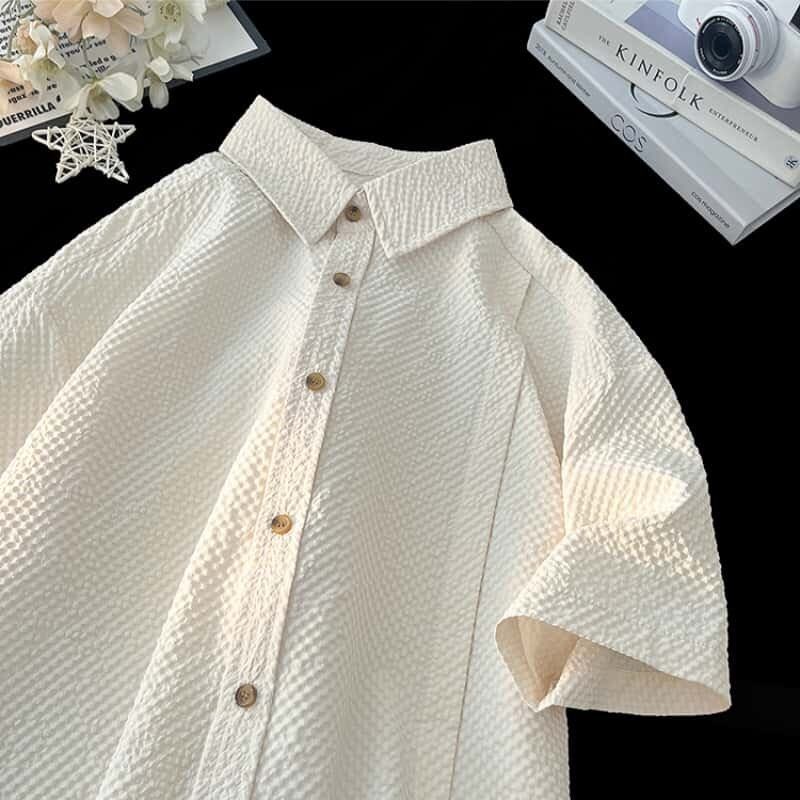 泡泡纱短袖衬衫男夏季薄款速干半袖衬衣青少年宽松肌理感休闲衣服