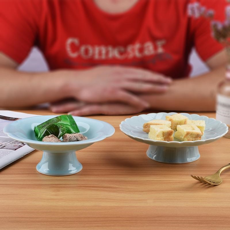 9WOR源美中式青瓷果盘高脚花纹C盘下午茶点盘供佛盘家用客厅摆盘