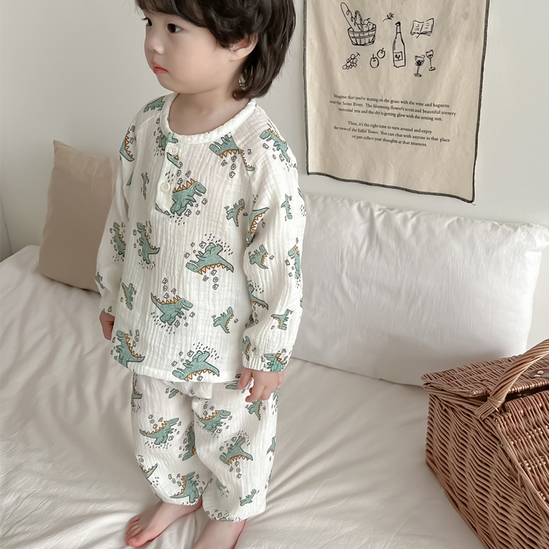 宝宝睡衣春秋薄款婴儿童s夏季长袖分体家居服男童双层纯棉纱布套