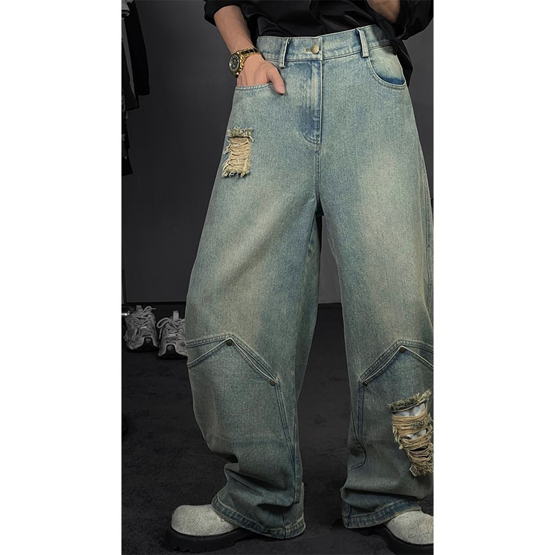 龙叨叨夏季复古美式高街重工做旧破洞宽松直筒休闲牛仔裤
