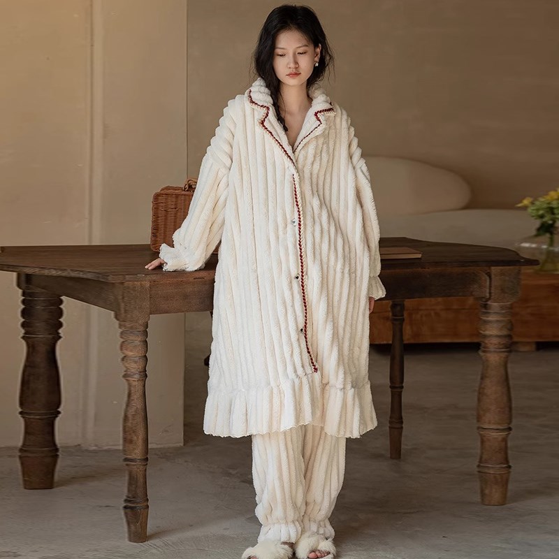 法兰绒月子服冬季加厚睡袍产妇哺乳长袍产后孕妇睡衣长款家居服冬