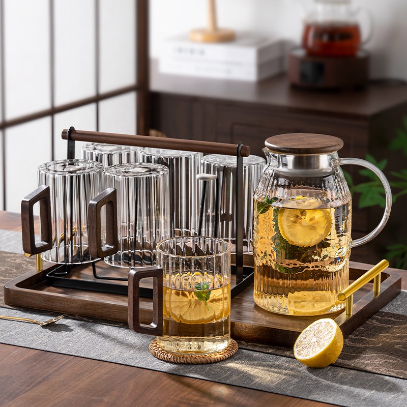 绿茶玻璃杯套装6只家用轻奢高颜值竖条纹茶杯待客喝水杯子带把手