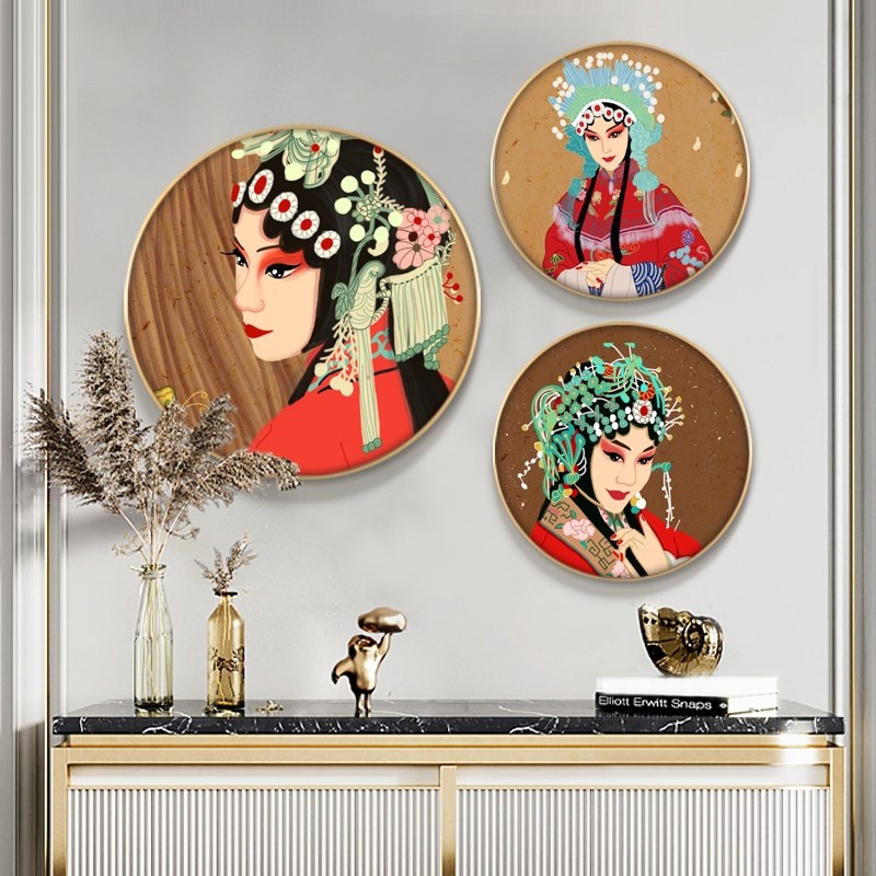 网红京剧花旦人物l国潮新中式装饰画玄关挂画圆形入户脸谱中国风图片