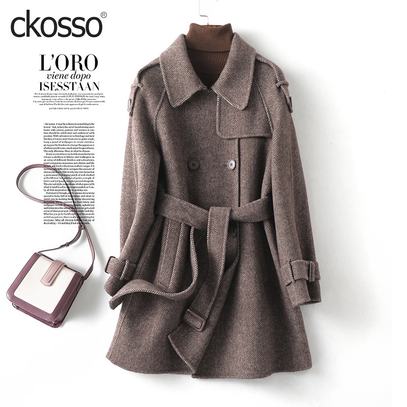 双面羊绒大衣女中长款系带双排扣英伦小个子2025新款高端毛呢外套