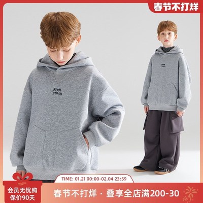 【滑板少年】潮牌街头灰色连帽加绒卫衣叠穿神器冬季一体绒男童