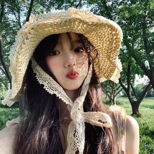 遮陽帽 草帽ins綁帶鏤空草編帽女夏旅游防曬沙灘海邊太陽帽女式
