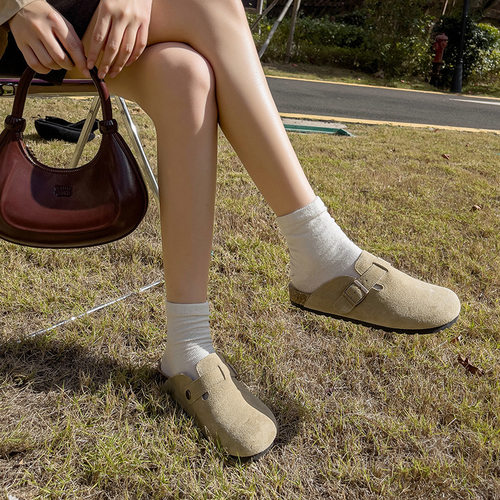 真皮牛皮半拖勃肯鞋女2026新款厚底春秋外穿包头大码平底博肯拖鞋