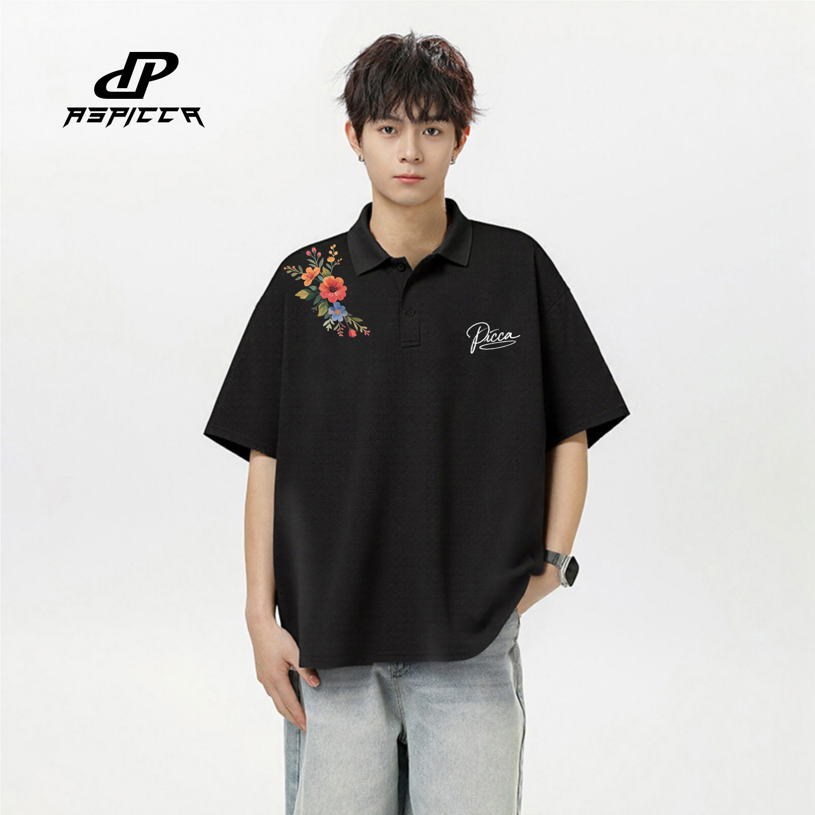PICCA植物花卉字母LOGO印花透气休闲百搭纯色日常通勤短袖Polo衫