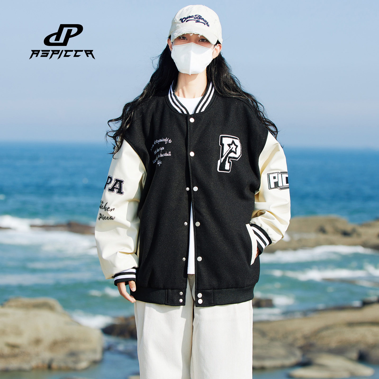 Picca 撞色毛巾绣字母刺绣毛呢拼Pu皮袖宽松飞行员夹克长袖棒球服