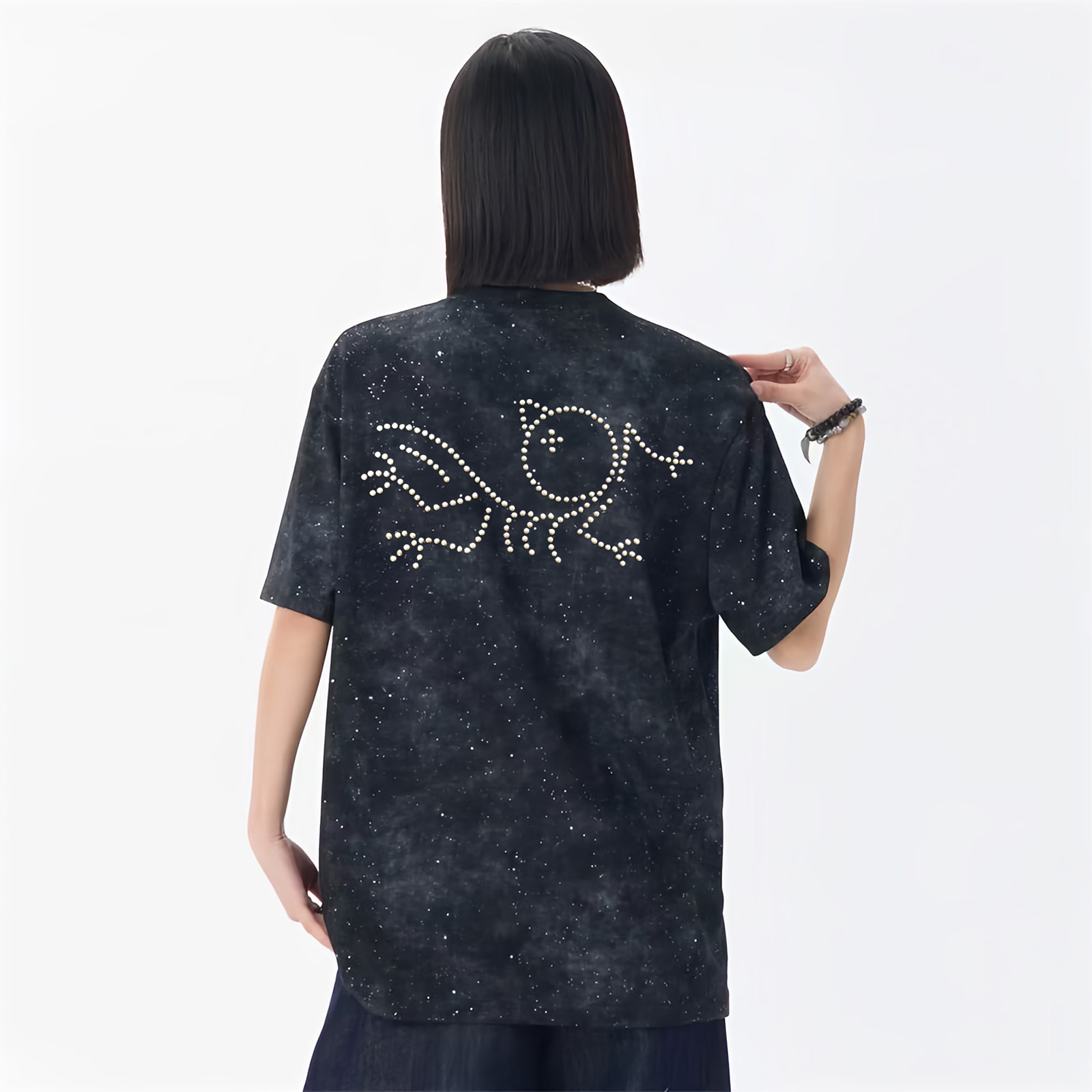 Picca重工珍珠烫工艺扎染背面满天星字母LOGO印花重磅纯棉短袖T恤