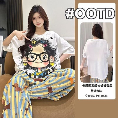 DW 甜美卡通短袖条纹长裤春夏新款睡衣女韩系可爱家居服夏套装