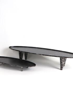 新中式四脚椭圆船型金属盆搭配苔藓茶具软装饰品玄关桌面收纳摆件