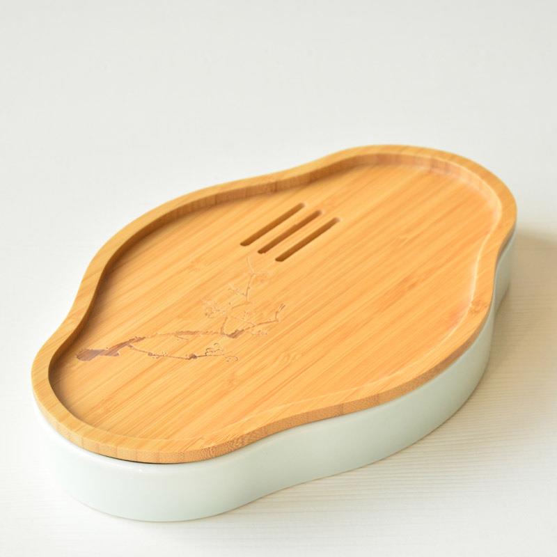 日式陶瓷茶盘 迷你蓄水储水小干泡盘茶台茶托 竹面板影青瓷茶盘