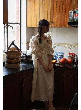 越洗越软~简奥斯汀复古宫廷风法式纯棉睡裙白色水洗棉宽松睡衣裙