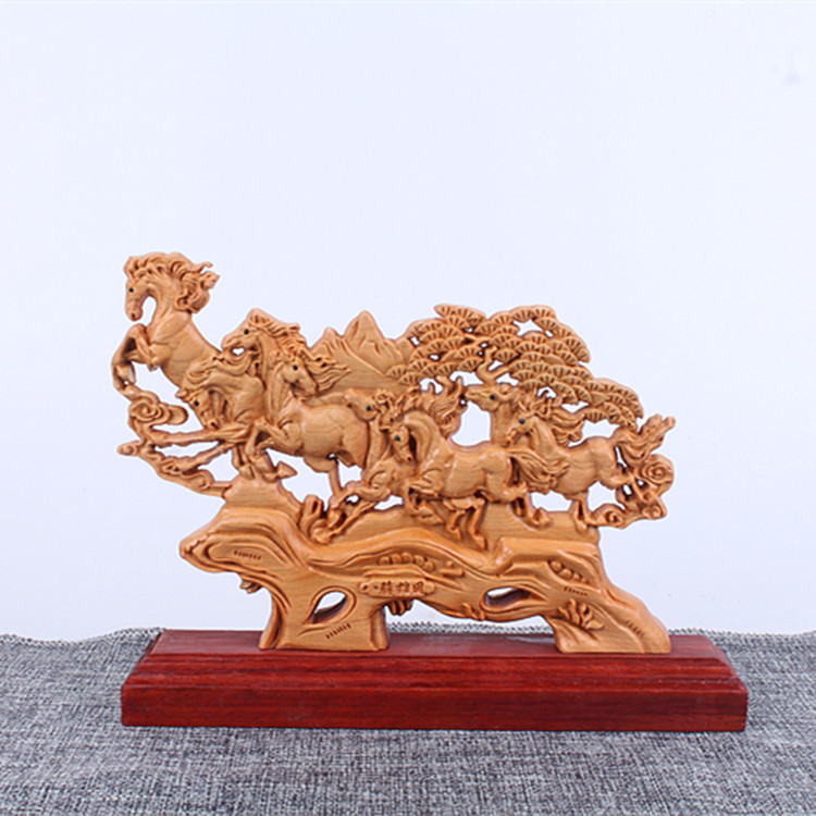 厂家批发天然崖柏木雕摆件崖柏雕刻八骏雄风木质工艺品雕刻摆件