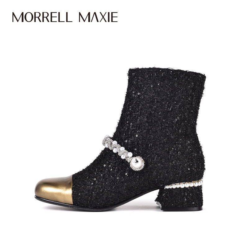 Morrell Maxie小香风方头甜美女人珍珠条带粗跟靴子｜MW254082BK