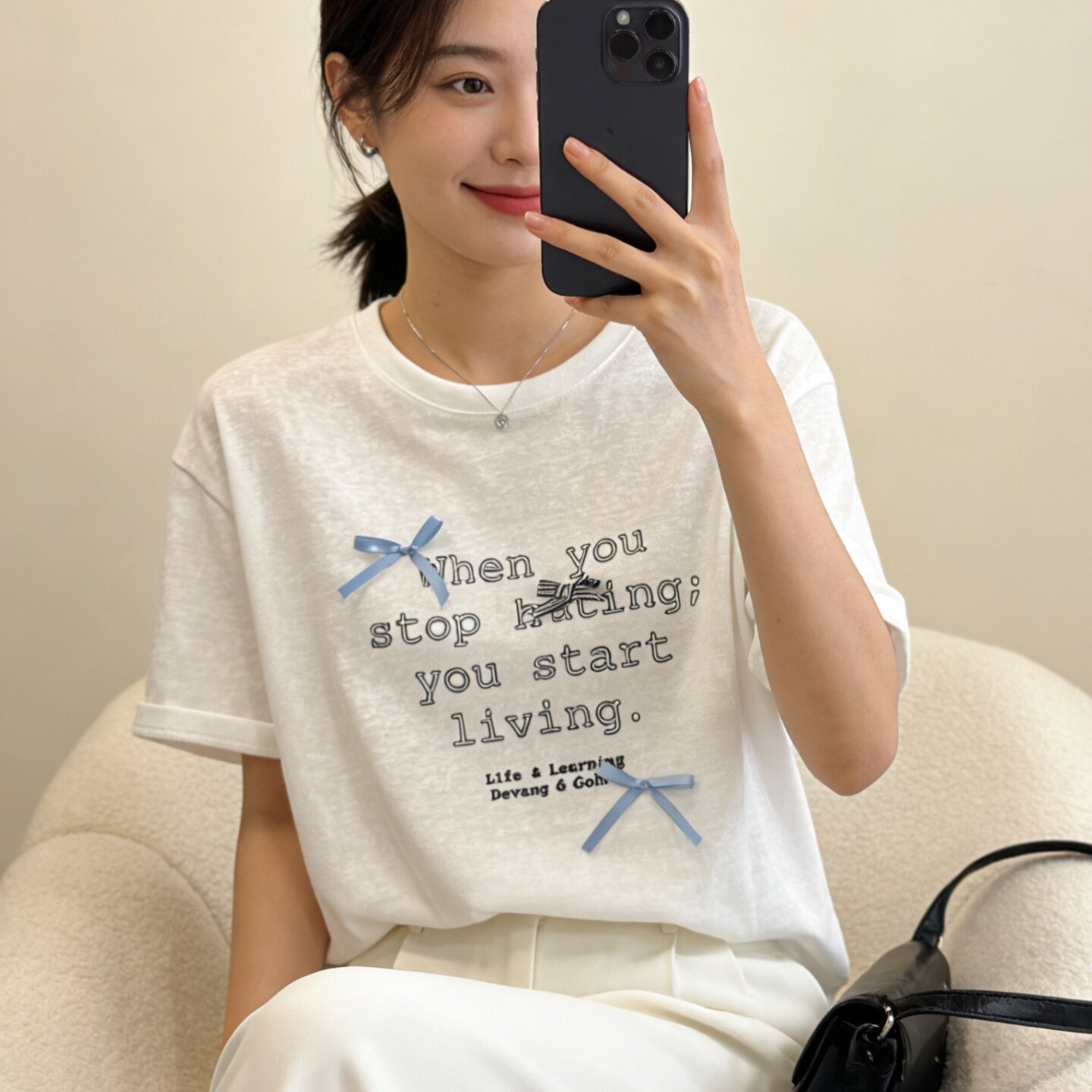 韩系ins风雪花棉T恤女夏蝴蝶结