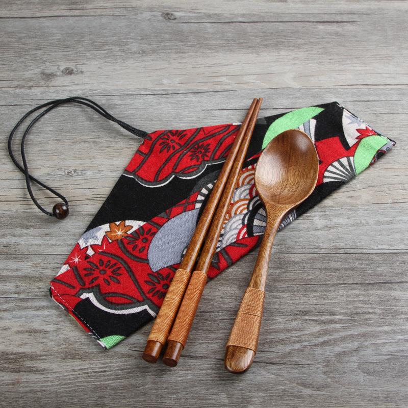 筷子勺子布袋套装 木质餐具学生便携套装 礼品筷勺套装商用