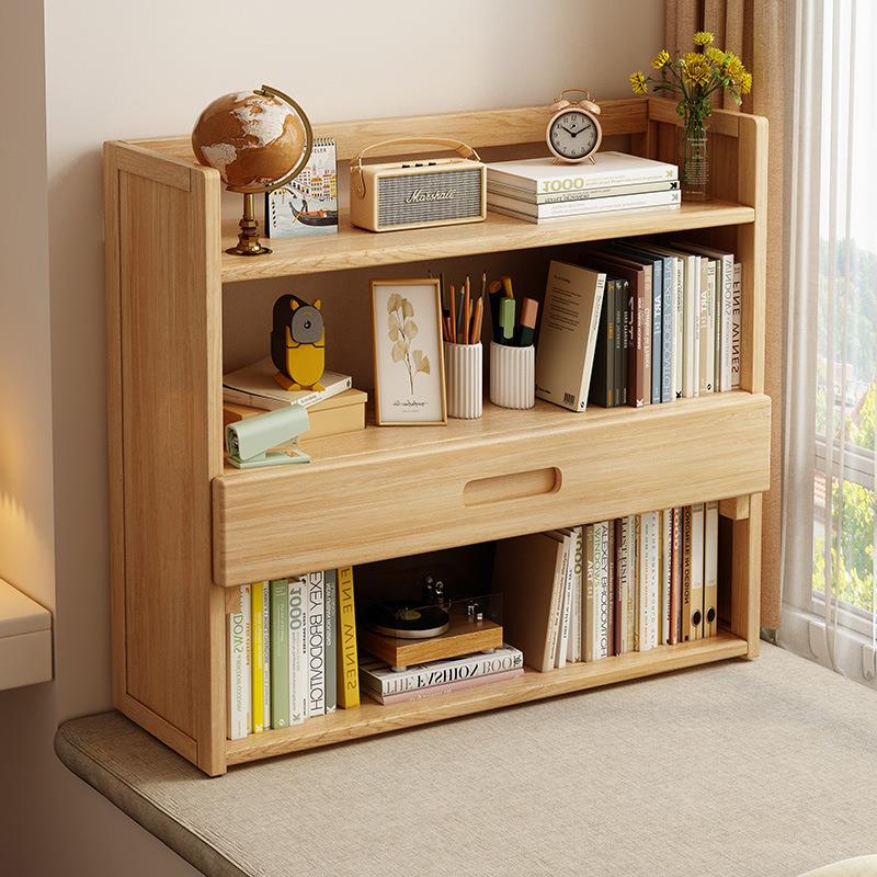 桌面书架实木带抽置物架办公室工位多层收纳架家用学生书桌整理架